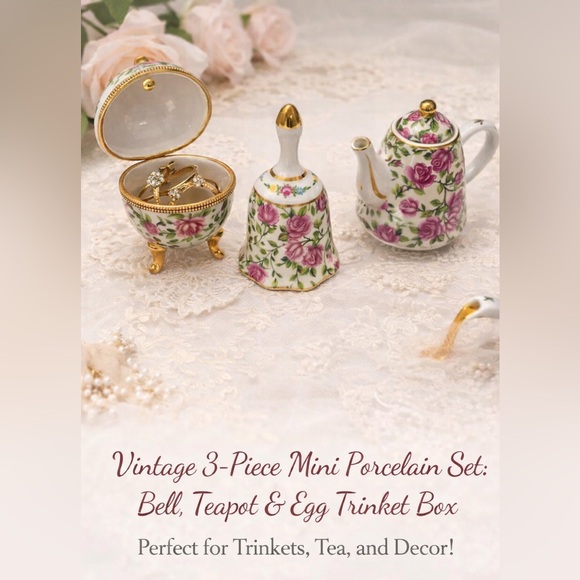 Vintage Other - Vintage 3-Piece Mini Porcelain Set Bell, Teapot Egg Trinket Box Floral Small GUC